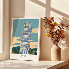Pisa Wall Art Print | Italy Travel Poster featuring the iconic leaning tower against a serene landscape in a stylish display.