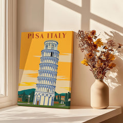 Pisa Tower Print Poster Italy Wall Art featuring a vintage design with warm sunset tones and a cozy interior decor.