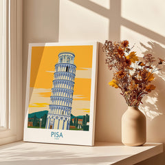 Pisa Tower Italy Print displayed in a bright room with artistic vase and flowers.