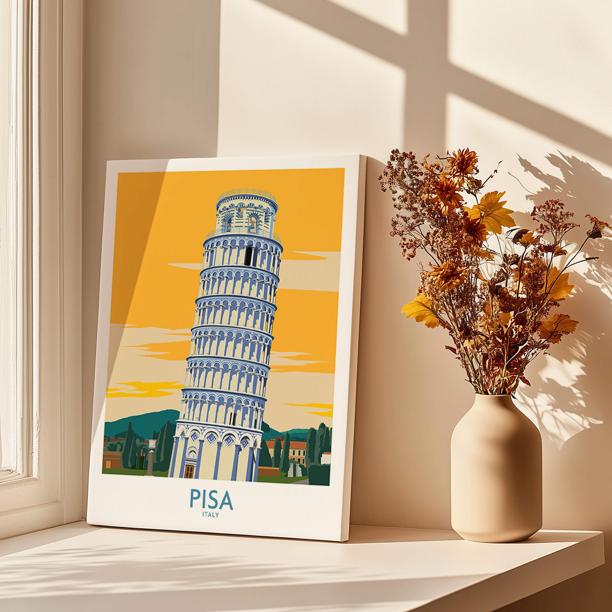 Pisa Tower Italy Print displayed in a bright room with artistic vase and flowers.