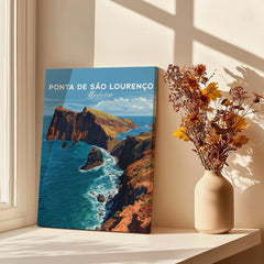 Ponta de São Lourenço Madeira travel poster print with coastal cliffs on a windowsill, vase of dried flowers