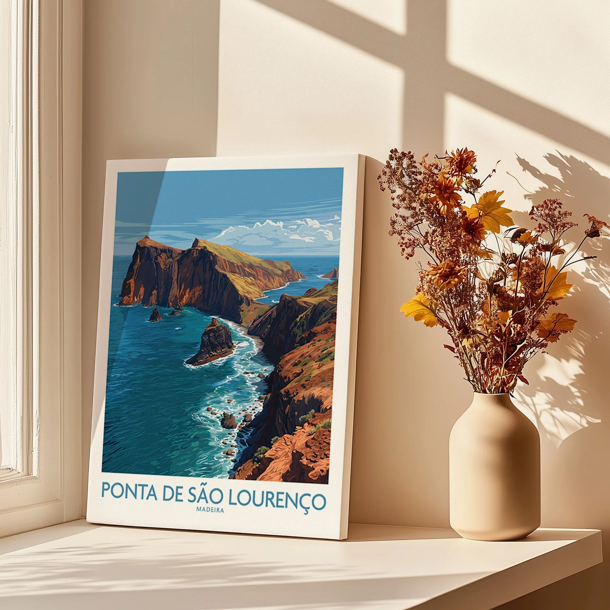 Ponta de São Lourenço Madeira travel poster on canvas by window with vase of dried flowers