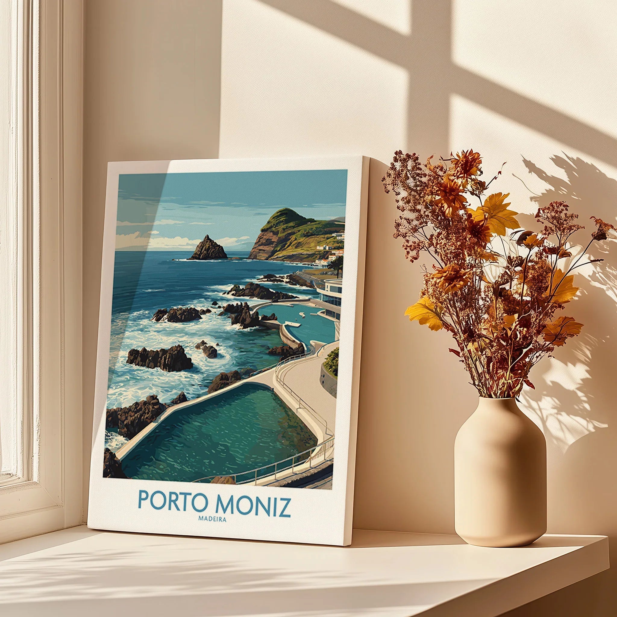 Porto Moniz Madeira travel poster canvas print by sunlit window with vase of dried flowers