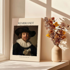 Rembrandt Man with Sheet Music 1633 Portrait Art Print Dutch Master Poster displayed by a window.