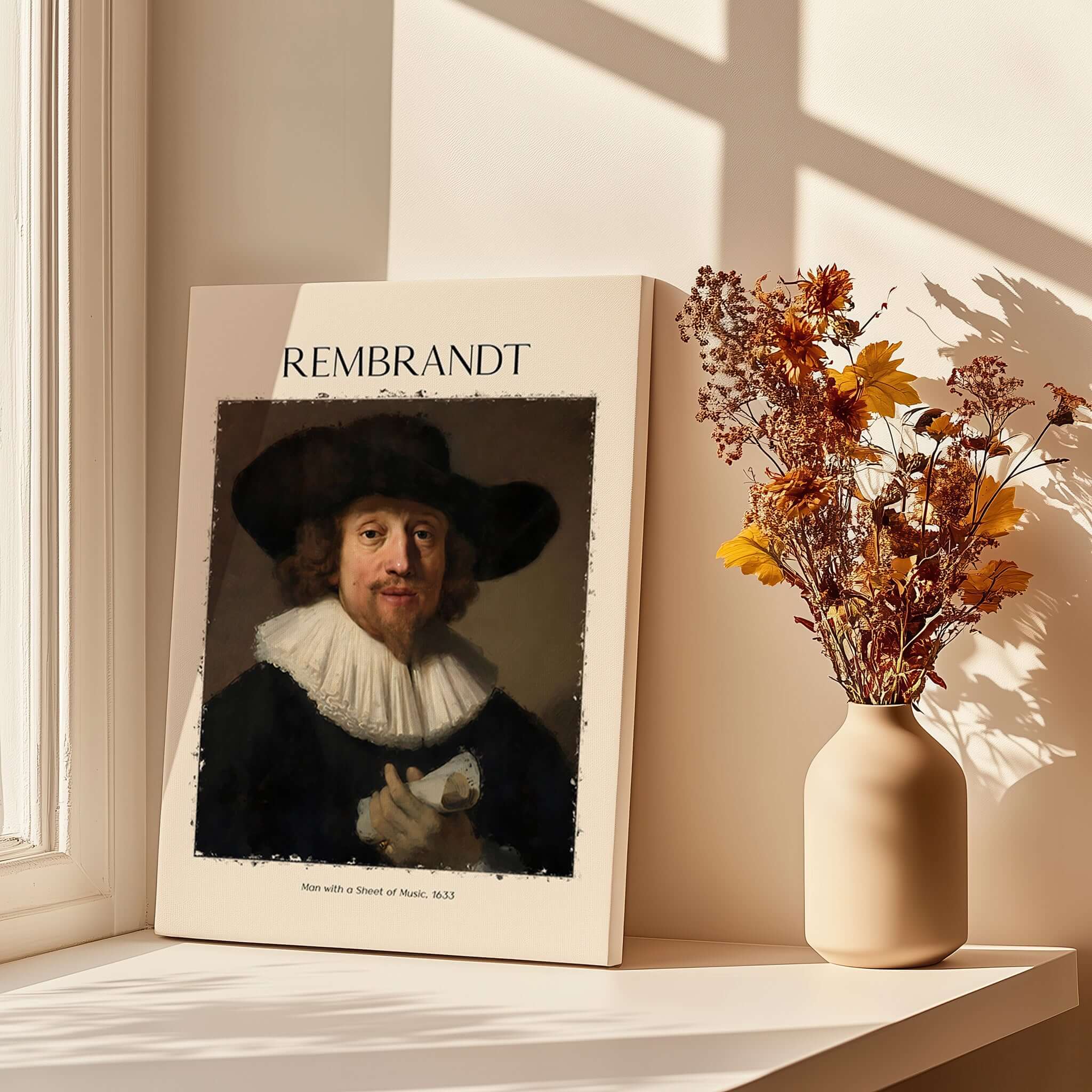 Rembrandt Man with Sheet Music 1633 Portrait Art Print Dutch Master Poster displayed by a window.