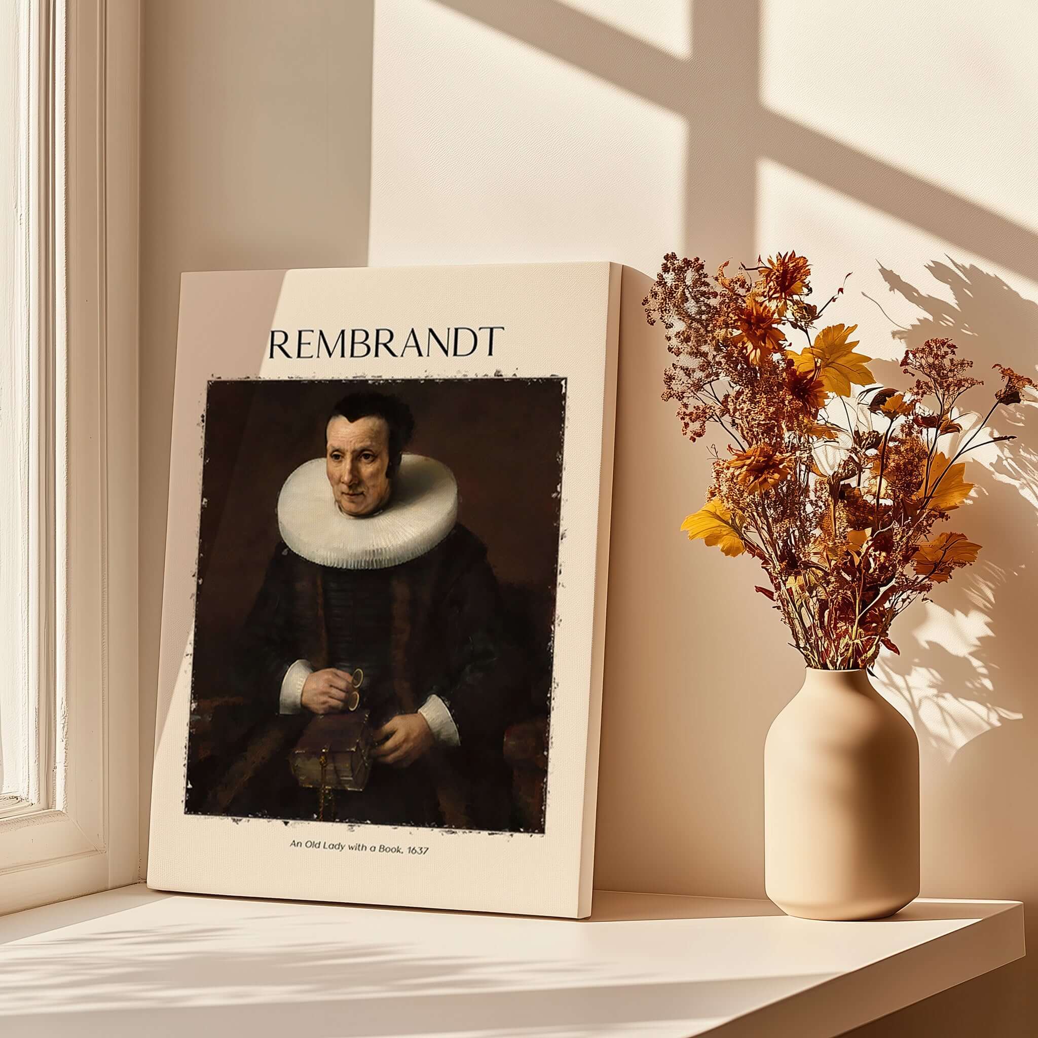 Rembrandt Old Lady with Book 1637 Portrait Print Dutch Golden Age Poster Art displayed in a stylish interior setting.