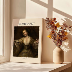 Rembrandt Lucretia 1664 Painting Art Print Baroque Historical Poster Wall Decor displayed on a shelf with flowers.