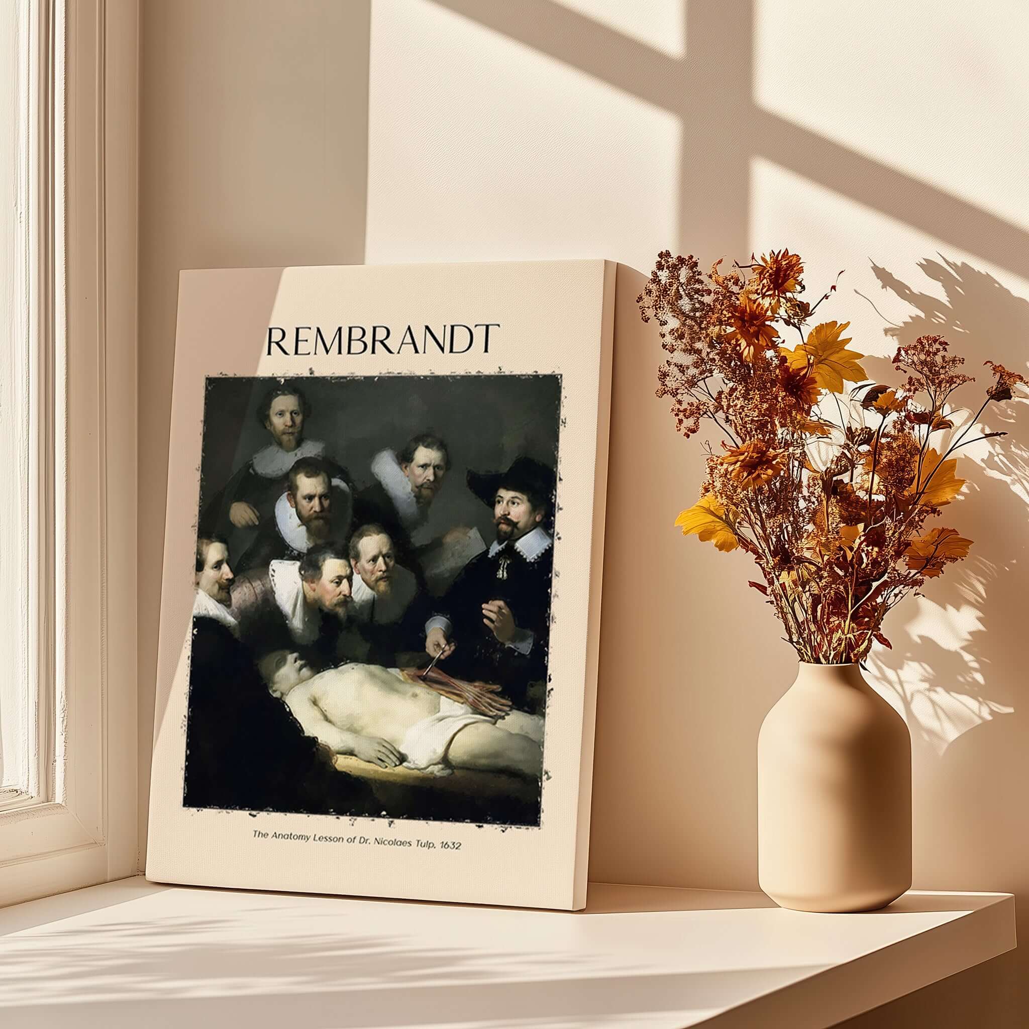 Rembrandt Anatomy Lesson Dr Tulp 1632 Group Portrait Art Print Dutch Master Poster displayed on a table with flowers.