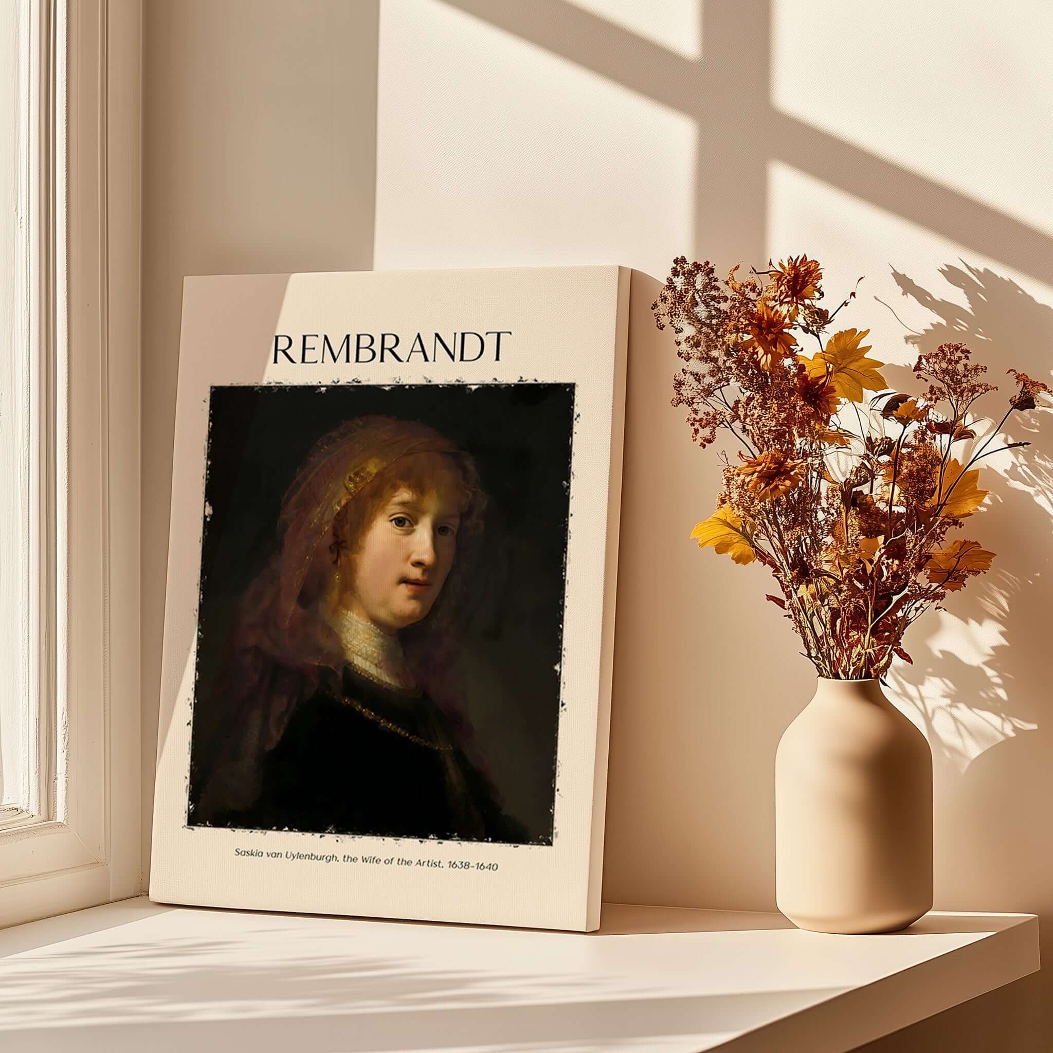 Rembrandt Saskia van Uylenburgh Portrait Print Wife Artist Dutch Poster Wall Art displayed on a sunlit window sill.