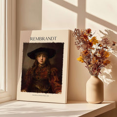 Rembrandt Girl Picture Frame 1641 Portrait Art Print Dutch Golden Age Poster Decor displayed with flowers in a cozy setting.