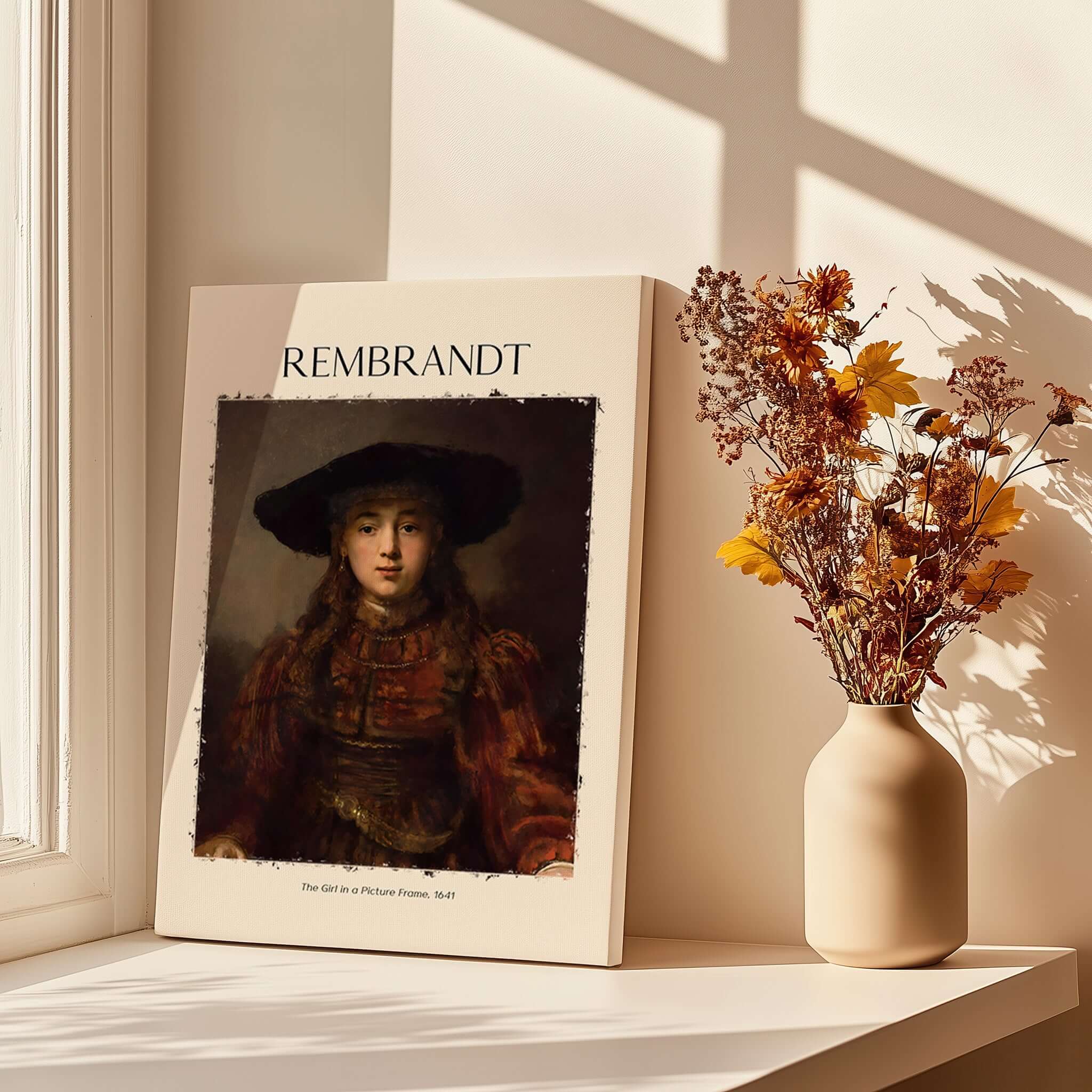 Rembrandt Girl Picture Frame 1641 Portrait Art Print Dutch Golden Age Poster Decor displayed with flowers in a cozy setting.