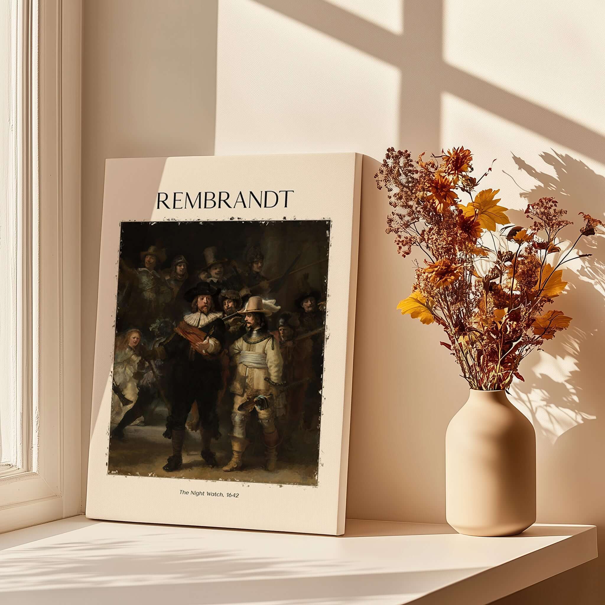 Rembrandt The Night Watch 1642 Famous Dutch Master Painting Art Print Poster showcased in cozy room setting.