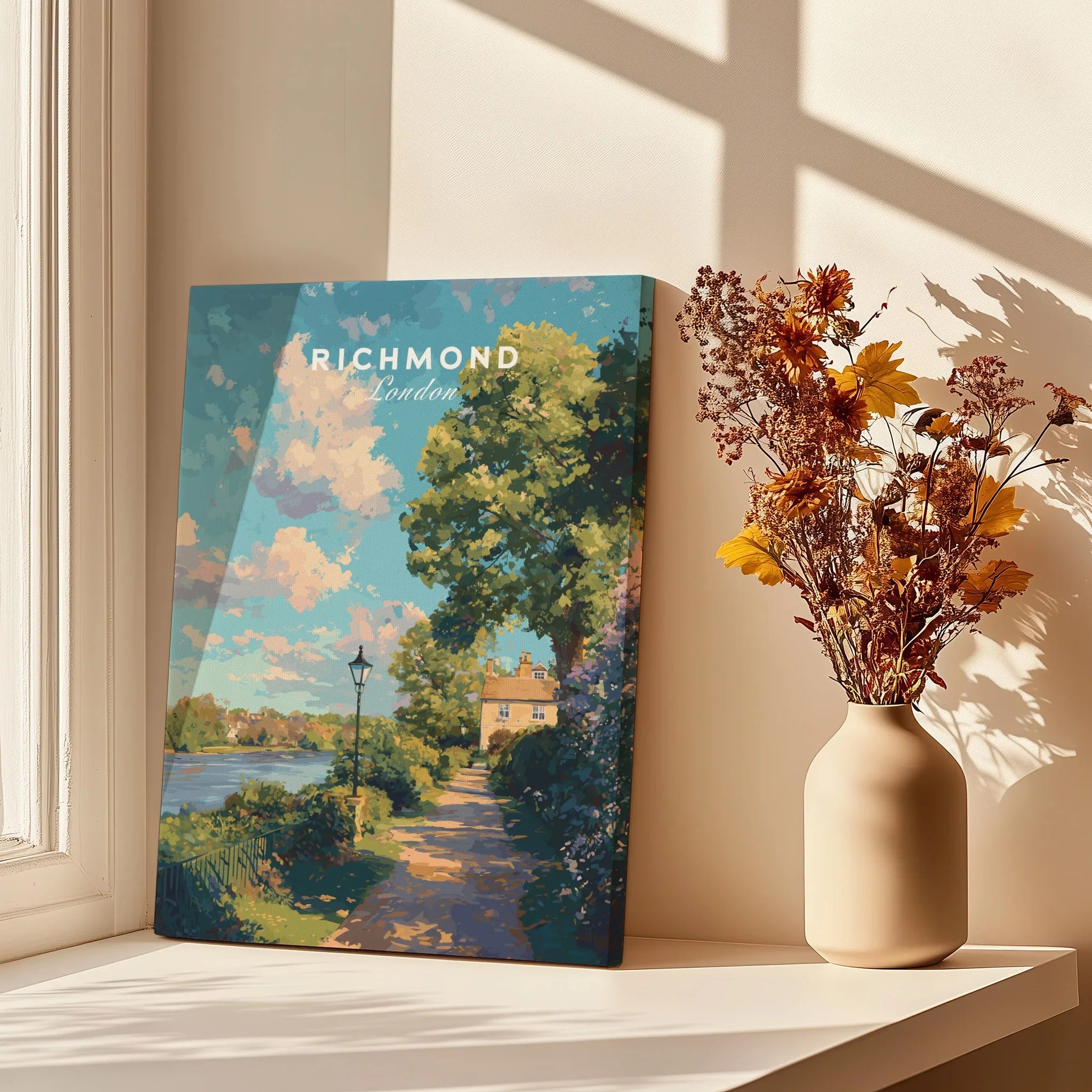 Richmond London canvas print on a sunny windowsill with a vase of dried flowers