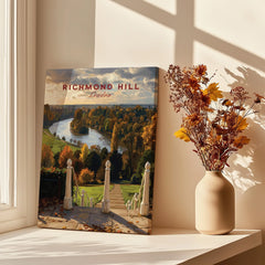 Richmond Hill London art print with river landscape on window ledge, vase of dried flowers