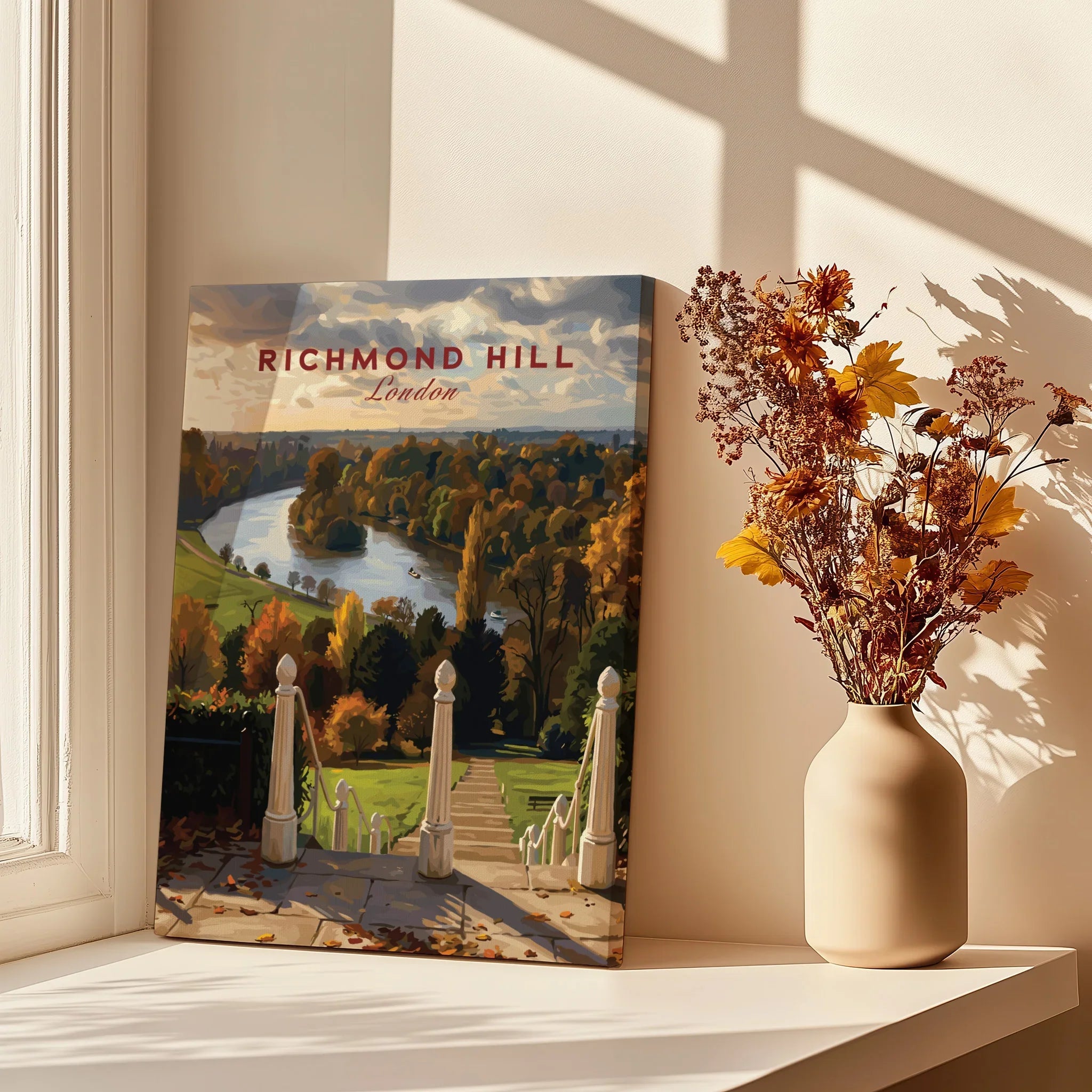 Richmond Hill London art print with river landscape on window ledge, vase of dried flowers