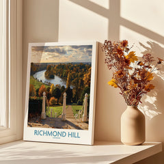 Richmond Hill London travel poster print on windowsill with sunlight and vase of dried flowers
