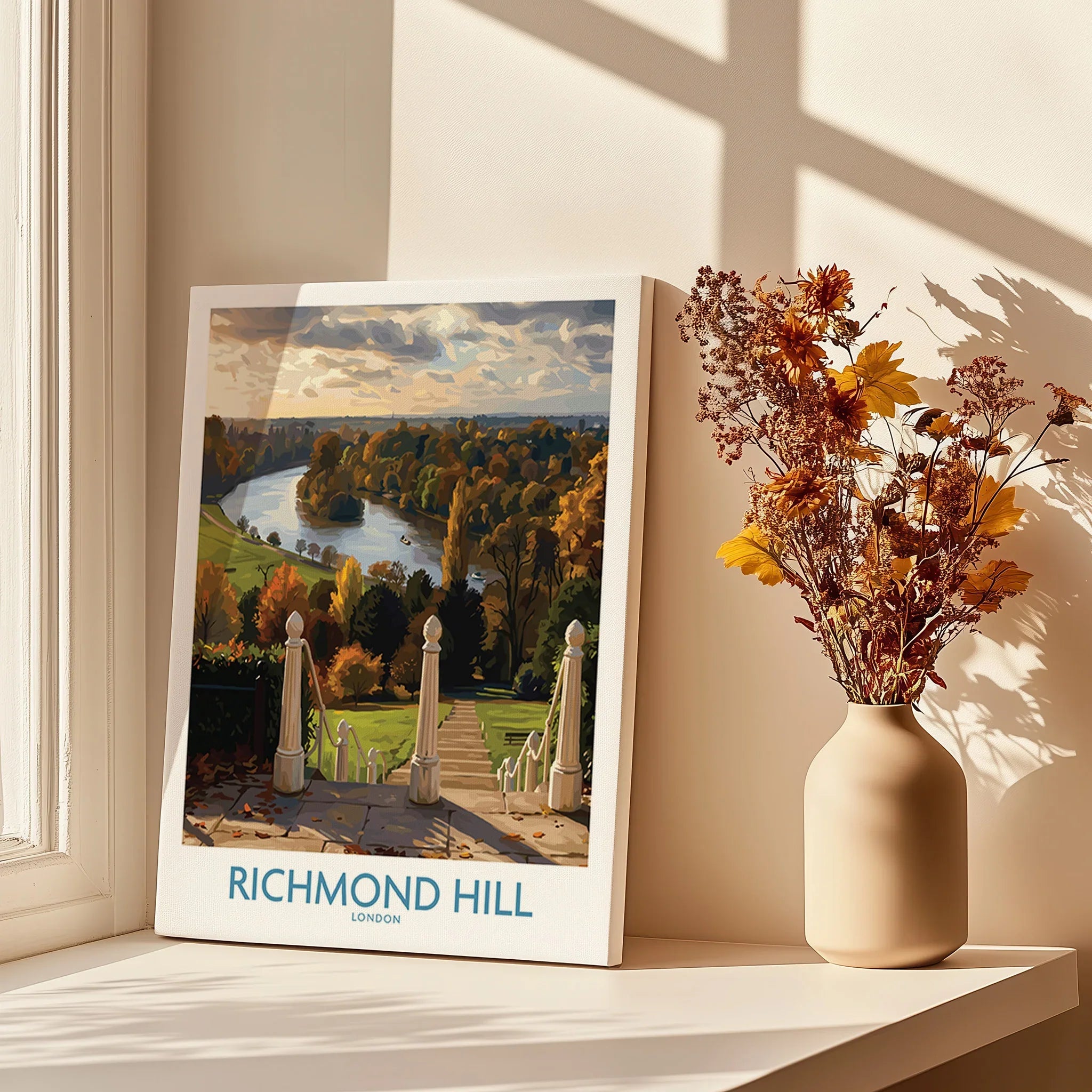 Richmond Hill London travel poster print on windowsill with sunlight and vase of dried flowers