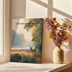 Richmond Park art print on windowsill with sunlight, vase of dried flowers, and nature scene