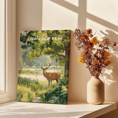 Richmond Park canvas print with deer and trees on windowsill, vase of dried flowers nearby