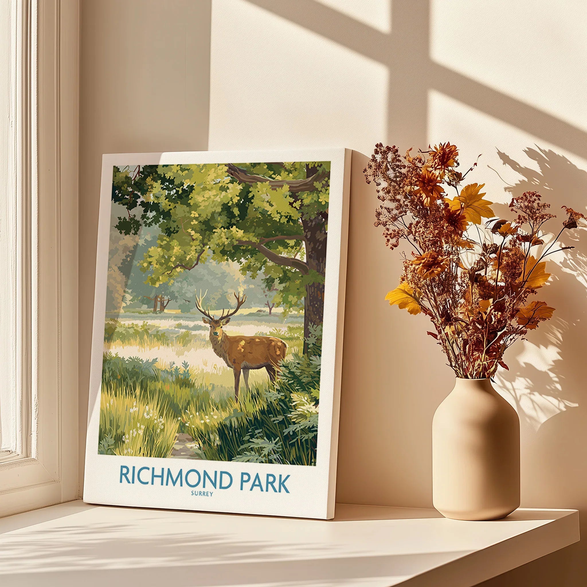 Richmond Park travel poster canvas print beside vase with dried flowers on sunny windowsill