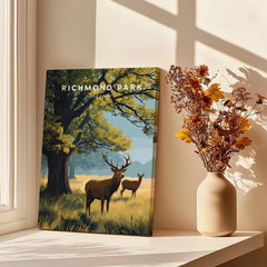 Richmond Park canvas print with deer, displayed by window and vase of dried flowers