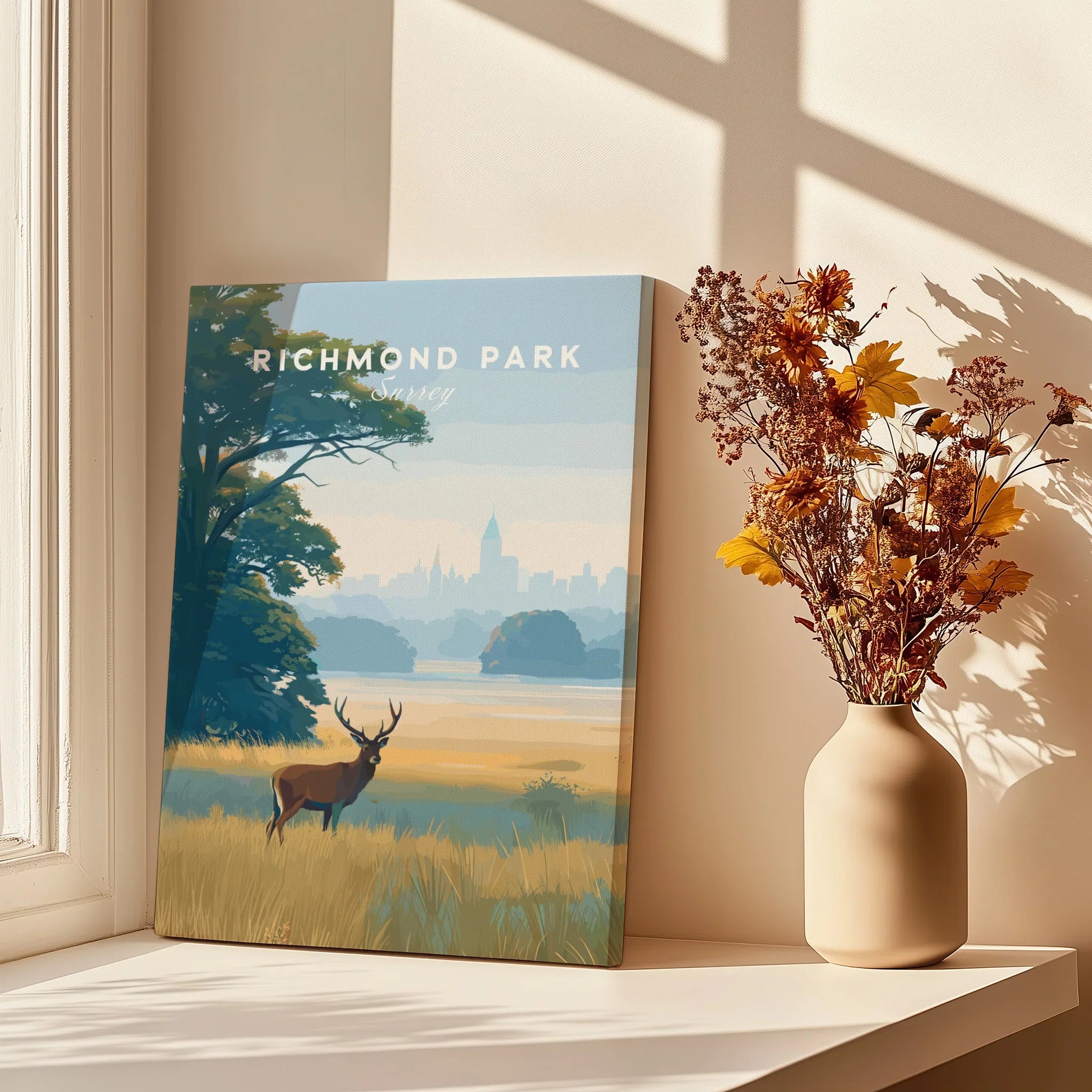 Richmond Park art print with deer, nature scenery, and dried flowers in sunlit setting