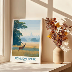Richmond Park canvas print with deer, cityscape, and vase of autumn flowers on window sill.