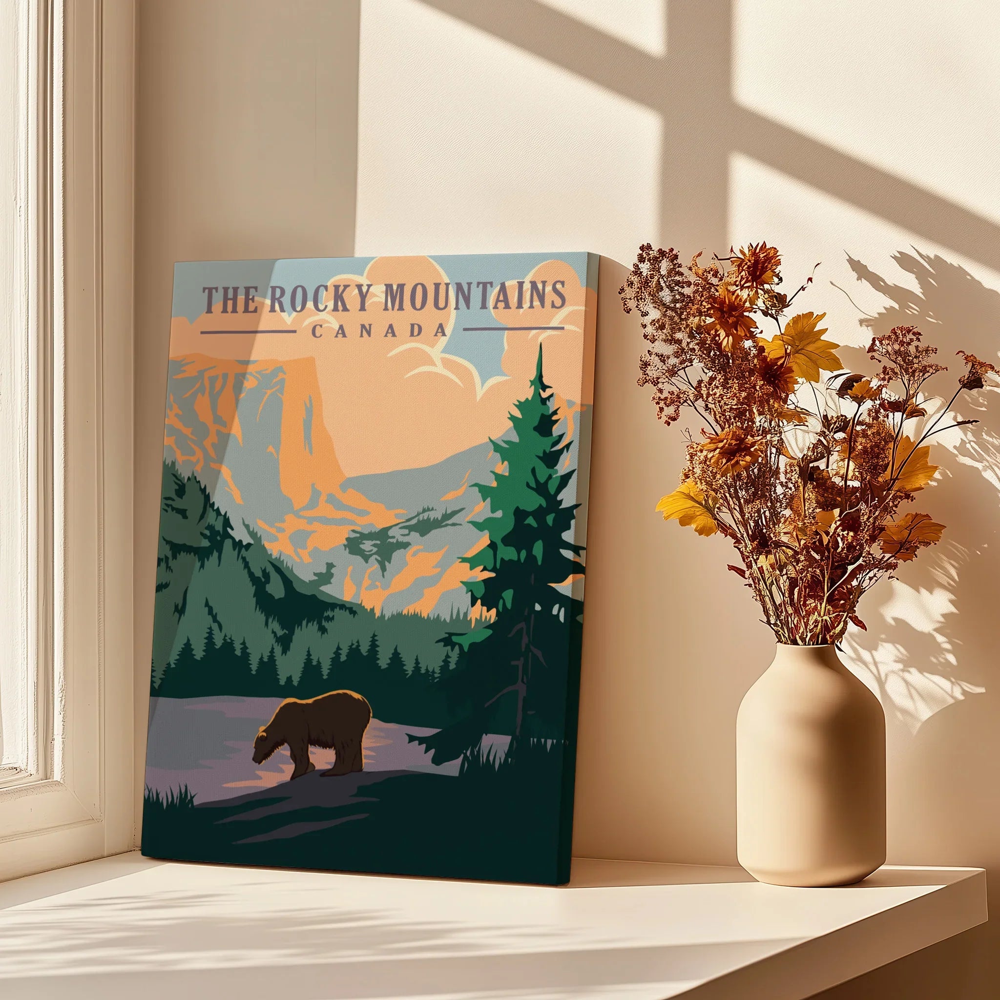 Rocky Mountains Canada wall art print with bear and pine trees by sunlit window, vase of dried flowers