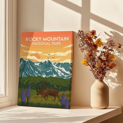 Rocky Mountain National Park art print on windowsill with vase of autumn flowers, mountain decor