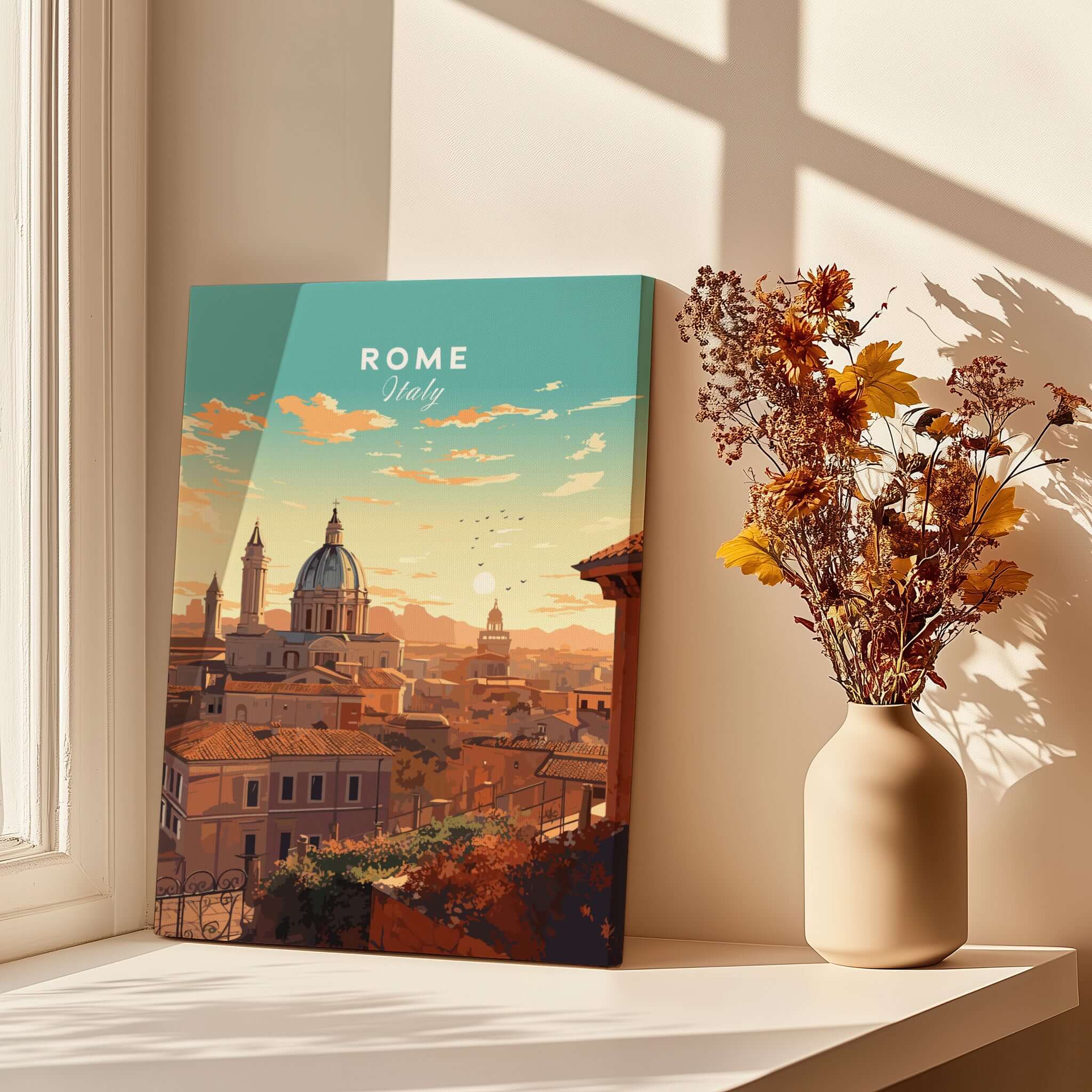 Rome Print showcasing a picturesque view of the city skyline with warm sunset tones in a cozy setting.