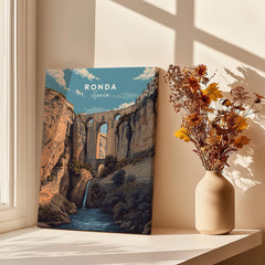 Ronda Spain Wall Art Print | Puente Nuevo Gorge Waterfall Travel Poster showcasing the iconic bridge and gorge.