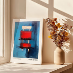 Rothko Inspired Abstract Red Blocks Art Print | Blue Background Wall Decor displayed by a vase with flowers.