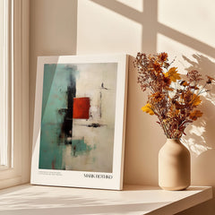 Rothko Inspired Abstract Red and Mint Art Print | Mid-Century Modern Wall Decor displayed with flowers in a vase.