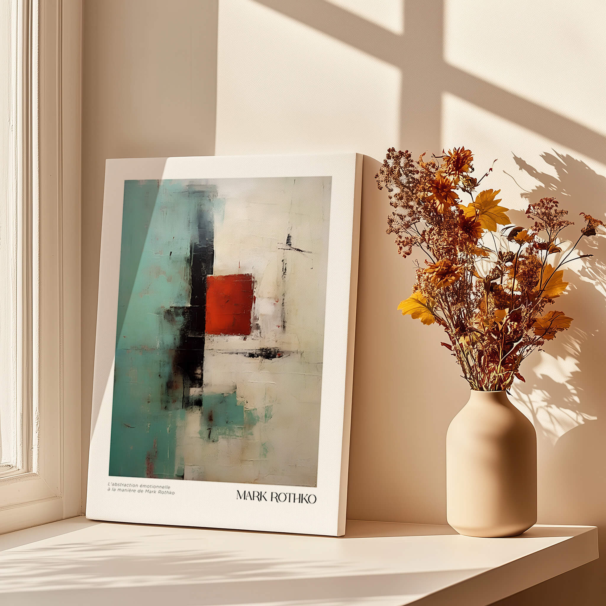 Rothko Inspired Abstract Red and Mint Art Print | Mid-Century Modern Wall Decor displayed with flowers in a vase.