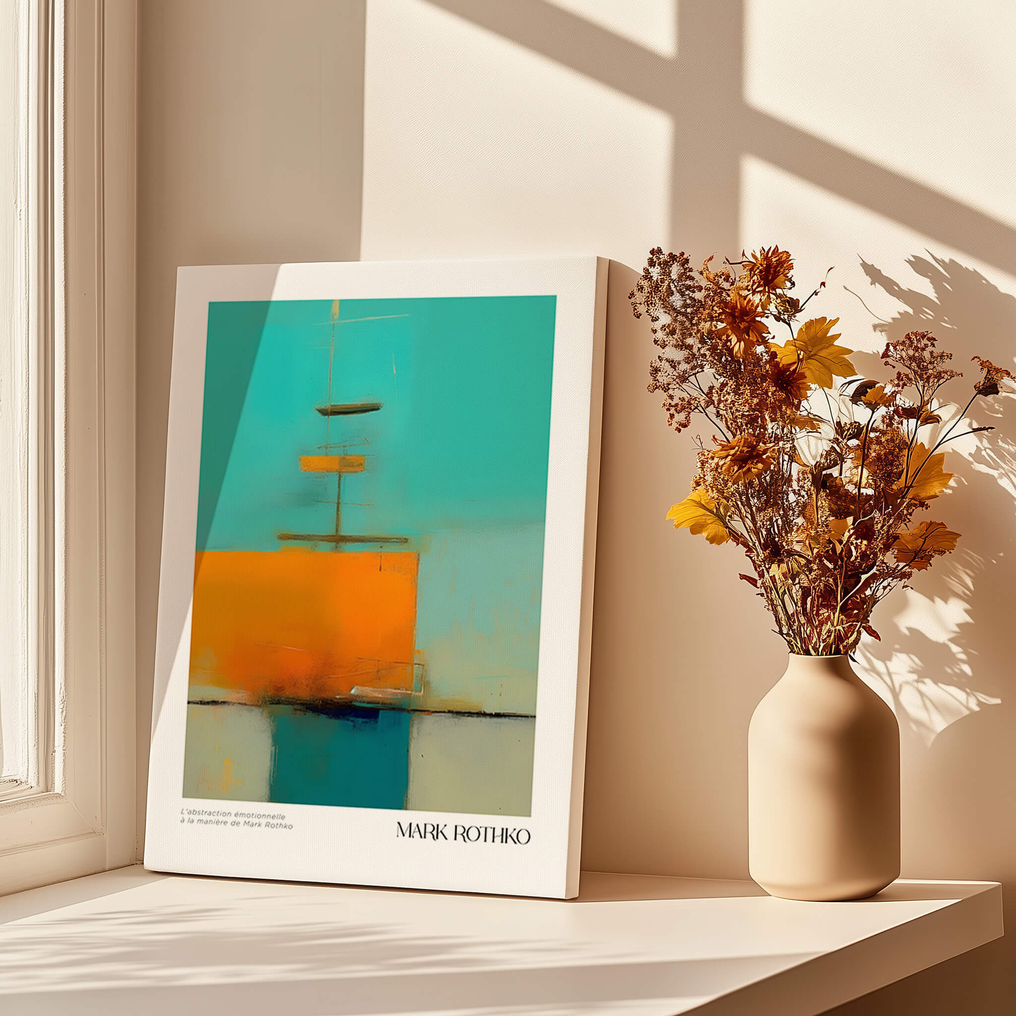 Rothko Inspired Abstract Turquoise Orange Art Print | Minimalist Wall Decor on table with flowers and sunlight