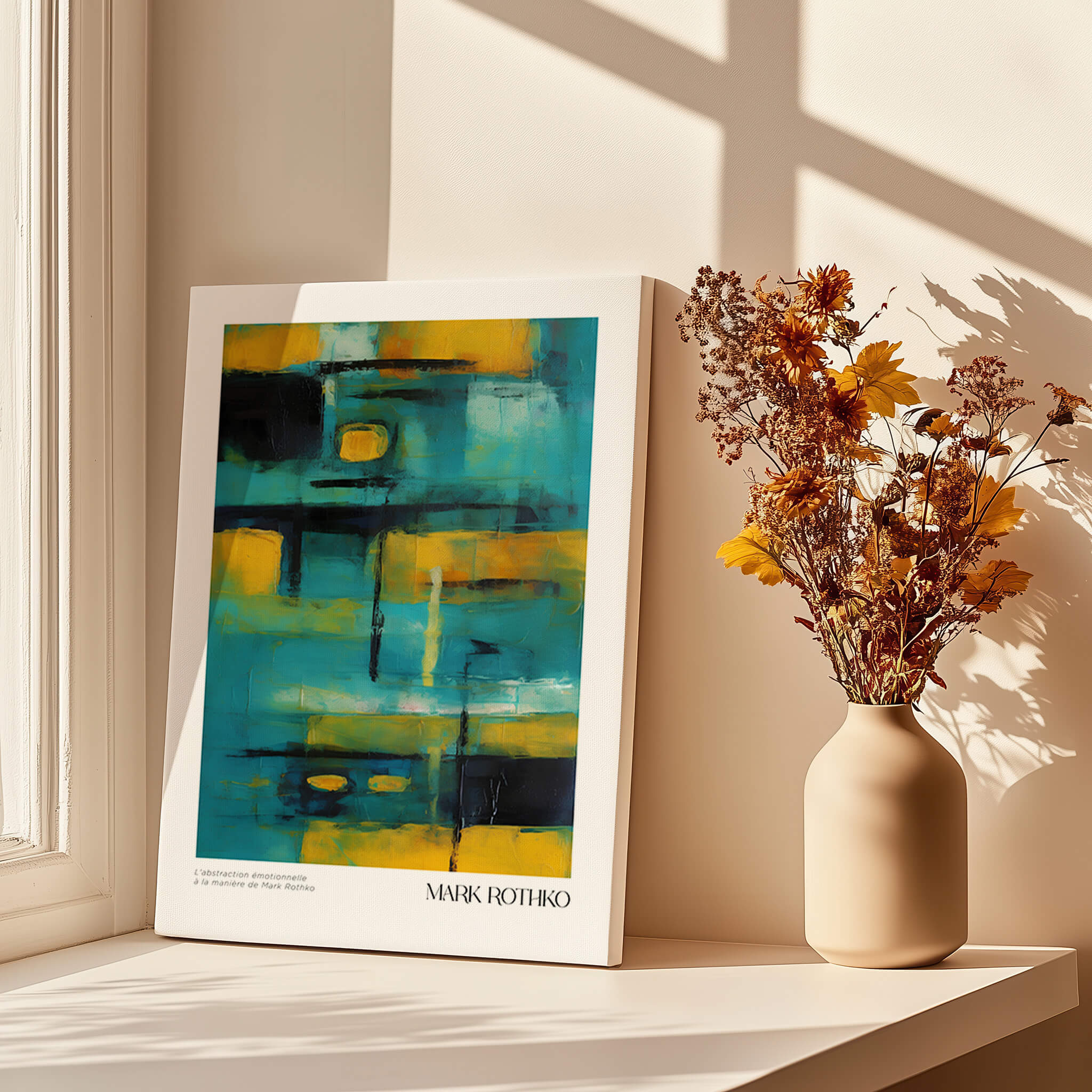 Rothko Inspired Abstract Yellow and Teal Art Print | Modern Poster displayed by a window with flowers.