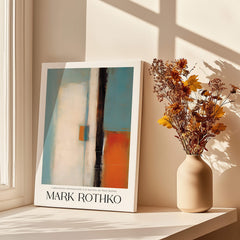 Rothko Inspired Abstract Teal and Orange Art Print | Minimalist Canvas Poster displayed with flowers.