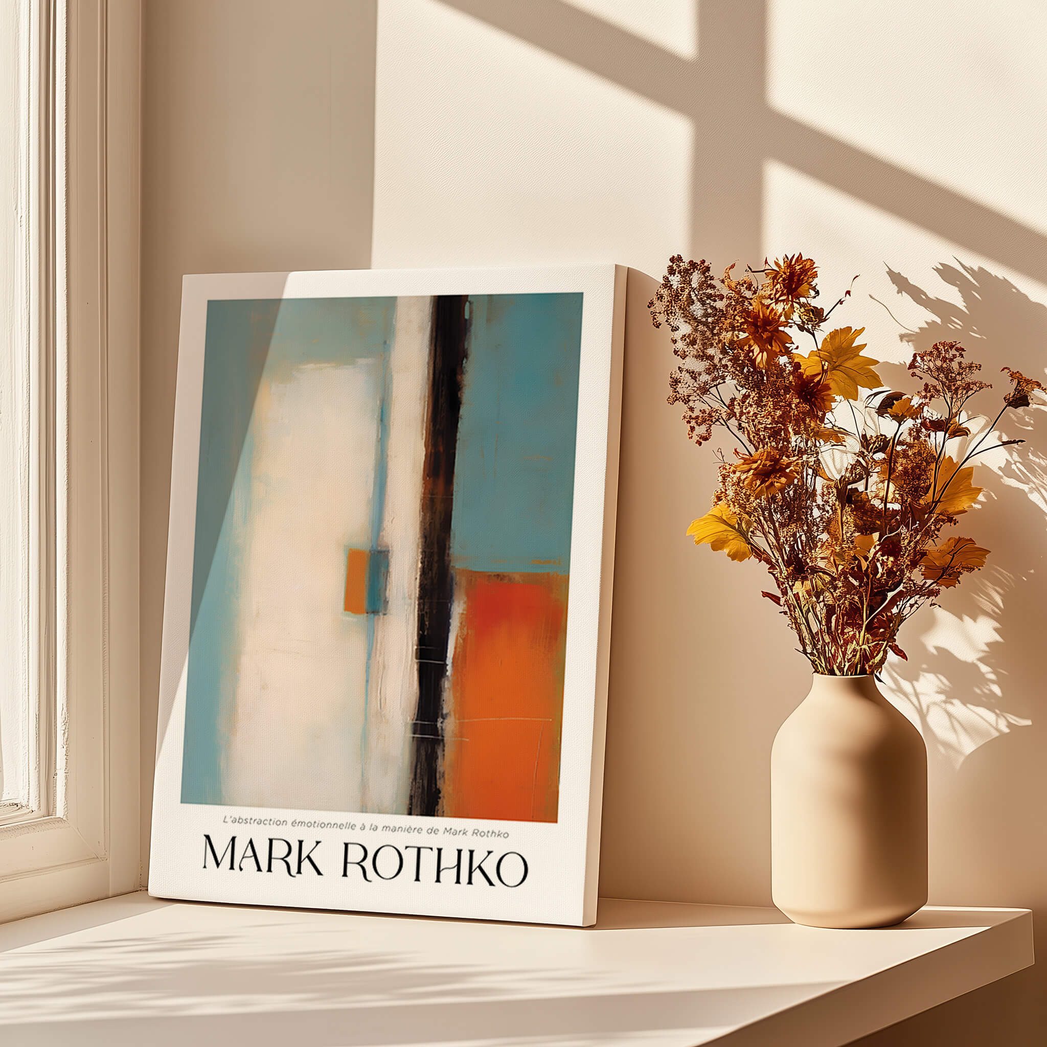 Rothko Inspired Abstract Teal and Orange Art Print | Minimalist Canvas Poster displayed with flowers.