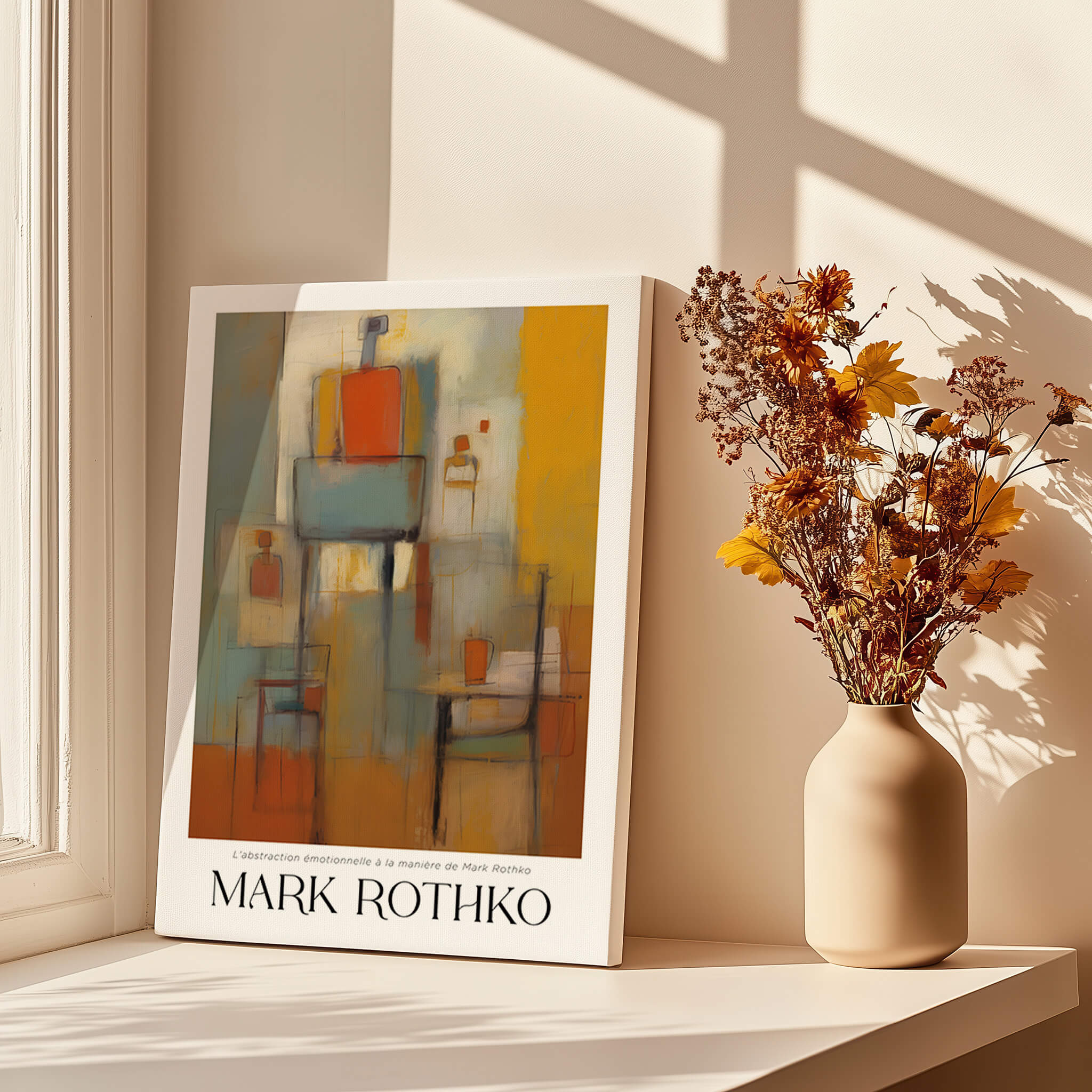 Rothko Style Emotional Abstraction Painting | Modern Abstract Wall Decor displayed beside a vase of flowers.
