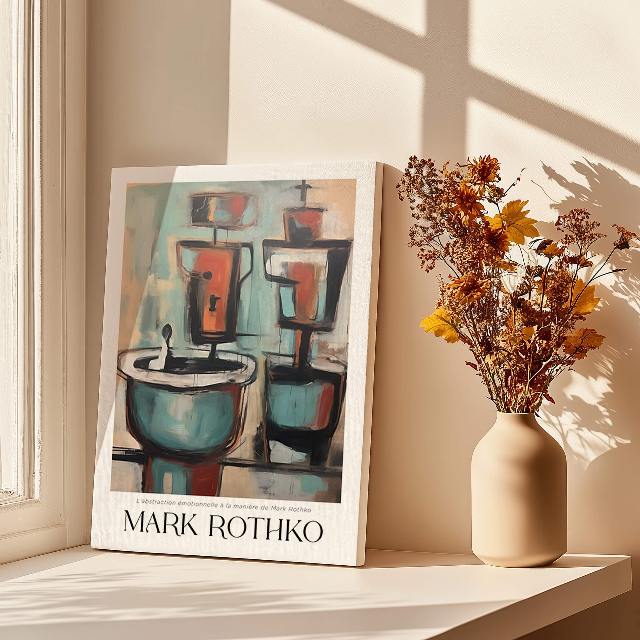 Rothko Style Cubist Abstract Painting | Contemporary Wall Decor displayed beside a vase of flowers in a sunlit room.