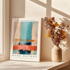 Rothko Inspired Abstract Pastel Color Art Print | Minimalist Vertical Blocks Poster displayed in a sunlit interior with flowers.