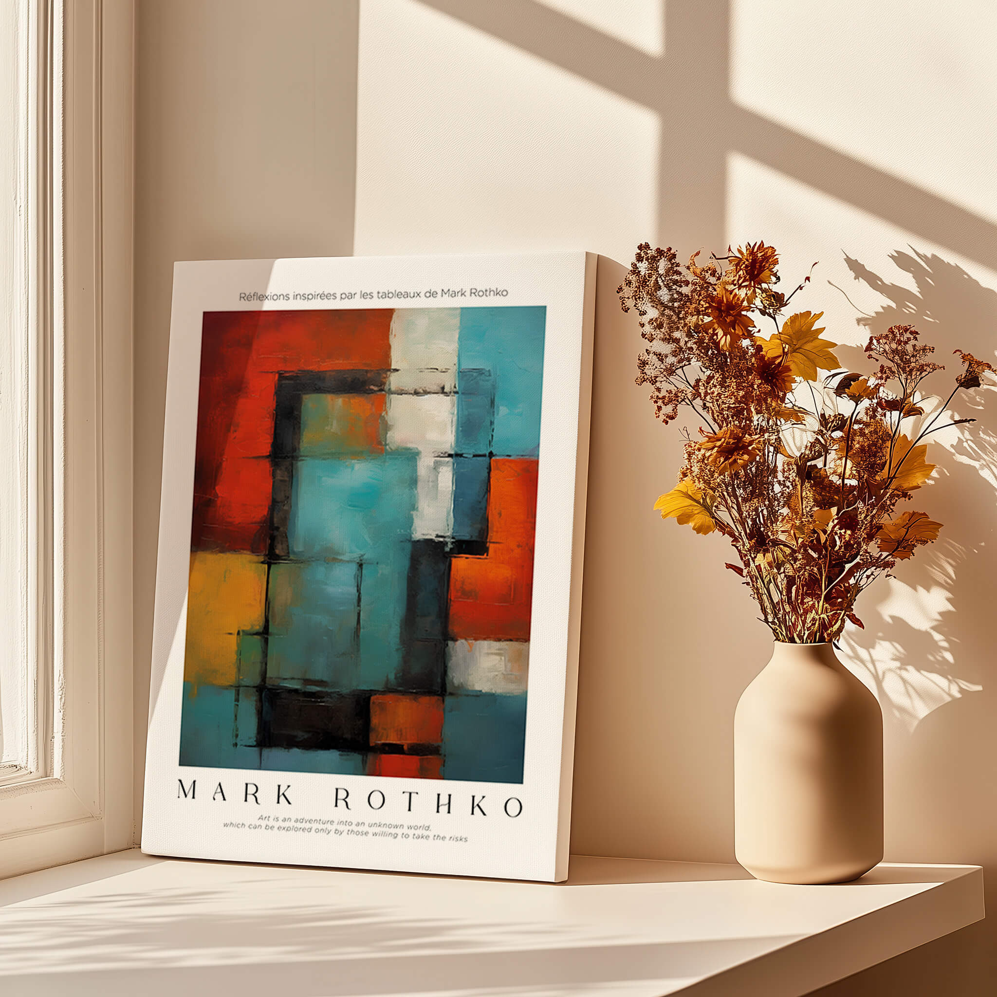 Rothko Style Modern Expressionist Painting Poster | Contemporary Wall Art displayed beside a vase of flowers in a sunlit room.