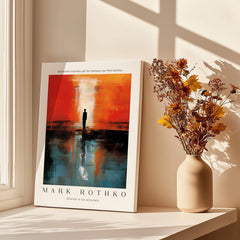 Rothko Style Minimalist Landscape Abstraction Print | Modern Wall Decor showcased with flowers in vase and sunlight.
