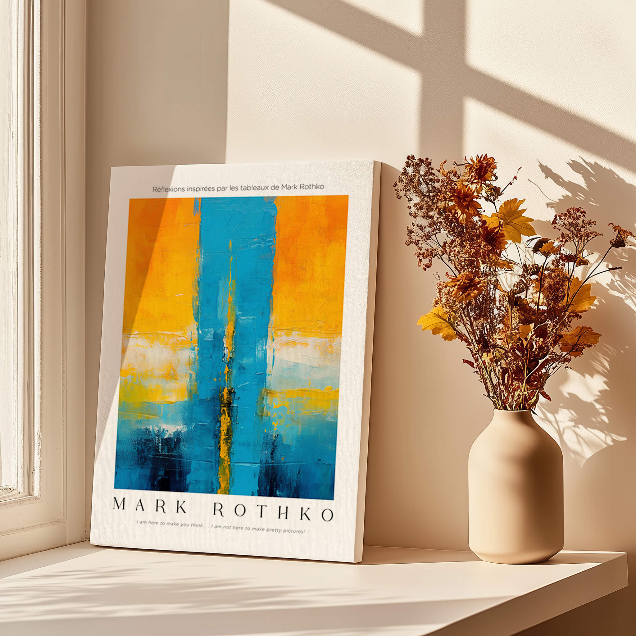 Rothko Style Color Block Abstraction Print | Modern Geometric Wall Art displayed with flowers in a vase on a sunny window ledge.