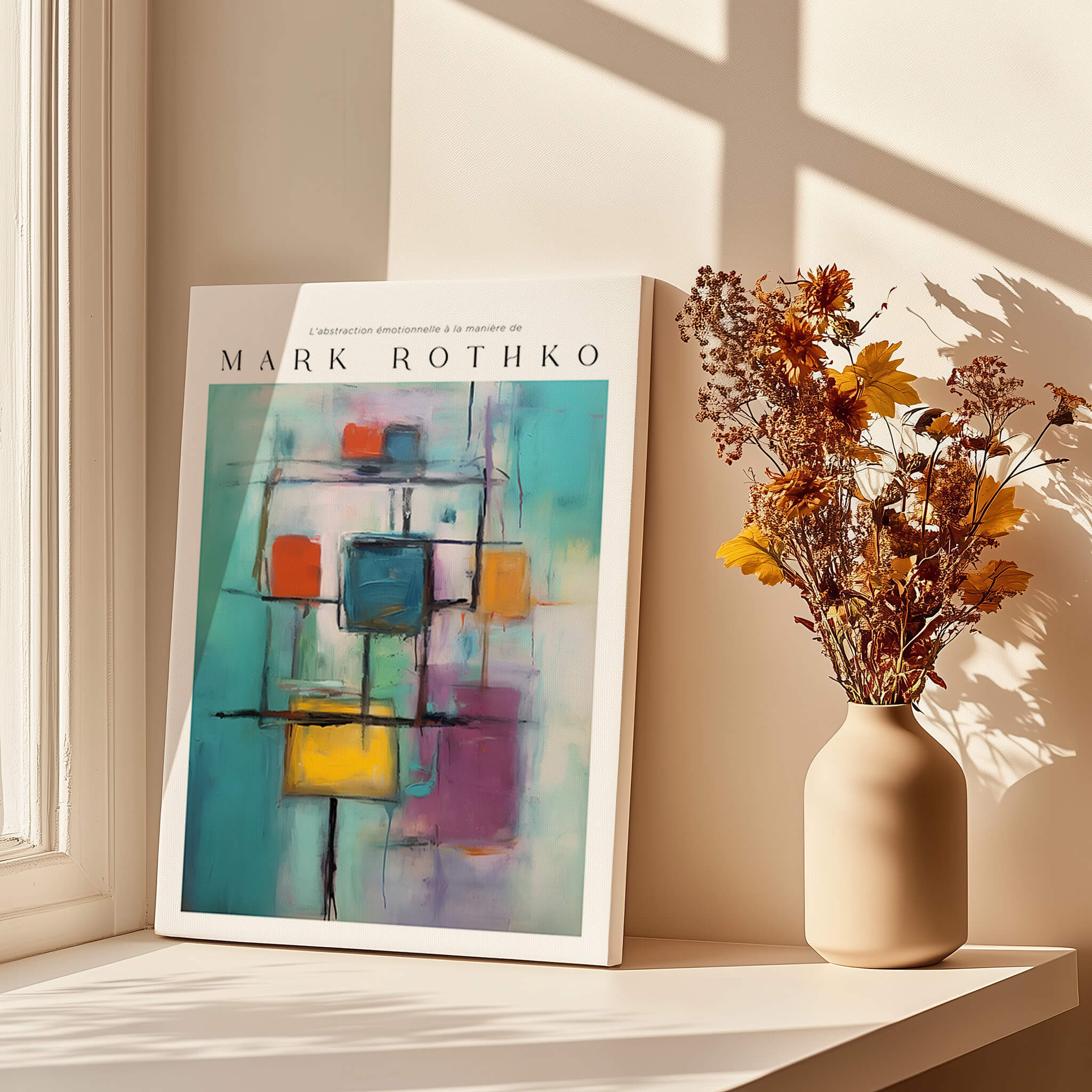 Rothko Style Floating Blocks Painting Print | Modern Abstract Canvas Wall Decor displayed in a bright room next to flowers.