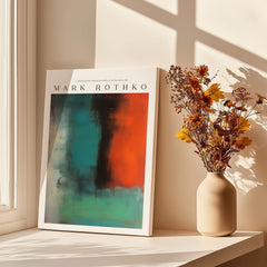 Mark Rothko Style Modern Canvas Abstraction Painting | Contemporary Wall Art displayed next to a vase of flowers on a windowsill.