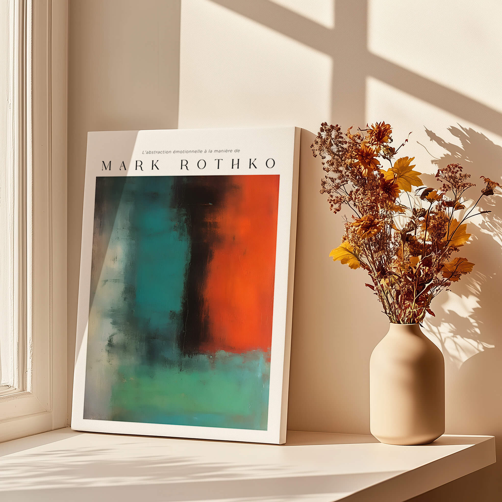Mark Rothko Style Modern Canvas Abstraction Painting | Contemporary Wall Art displayed next to a vase of flowers on a windowsill.