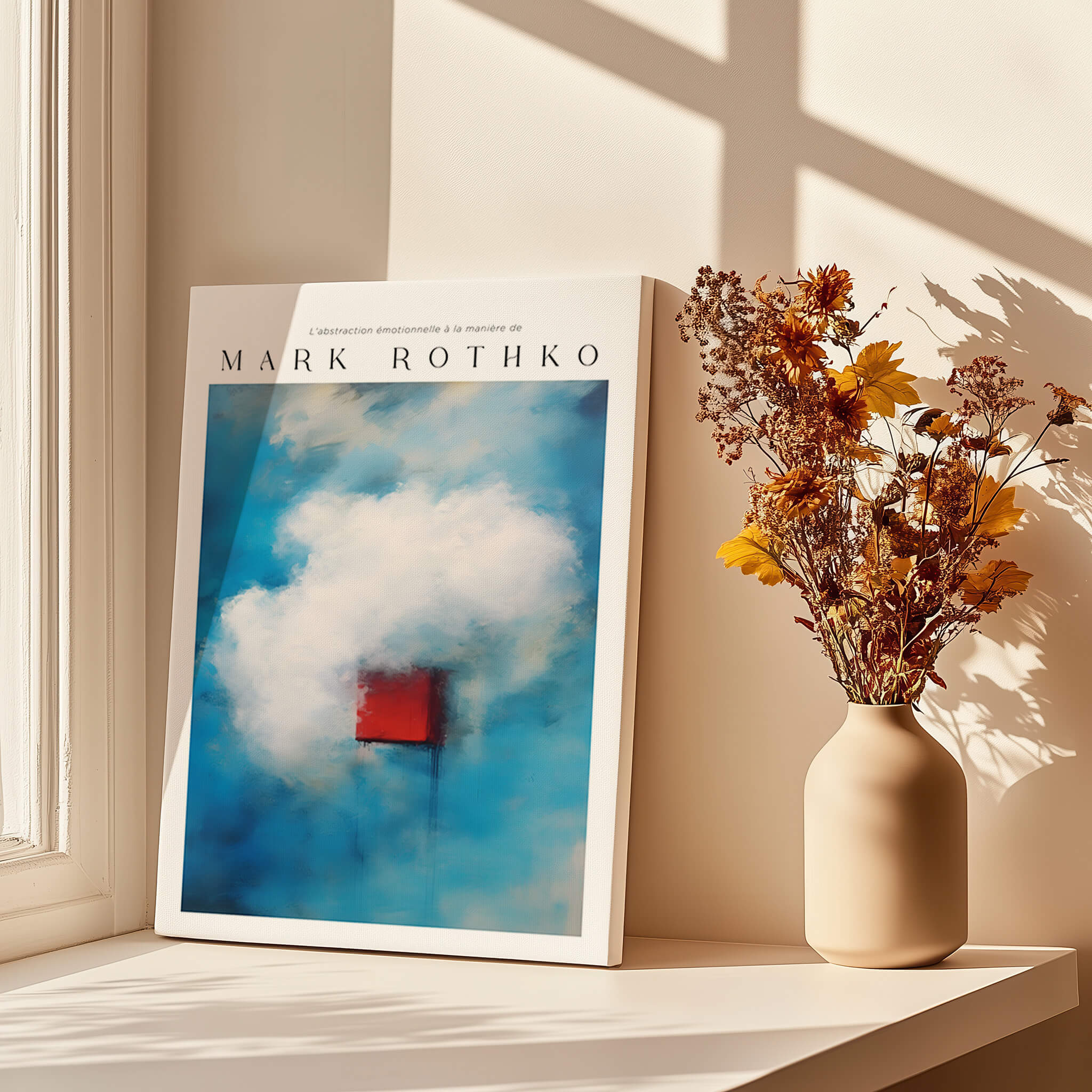 Rothko Style Minimalist Cloud Painting Print | Modern Abstract Wall Decor displayed beside a vase of dried flowers.
