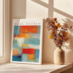 Rothko Canvas Color Abstraction Painting | Modern Abstract Wall Art displayed in a bright room with vase and flowers.