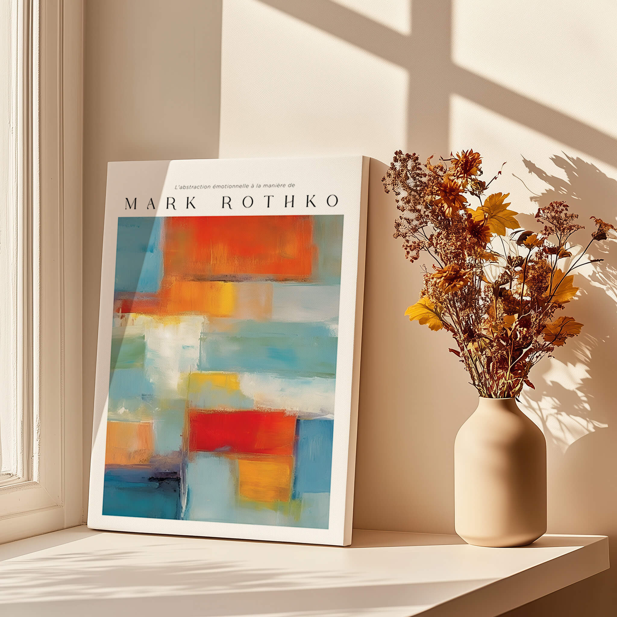 Rothko Canvas Color Abstraction Painting | Modern Abstract Wall Art displayed in a bright room with vase and flowers.